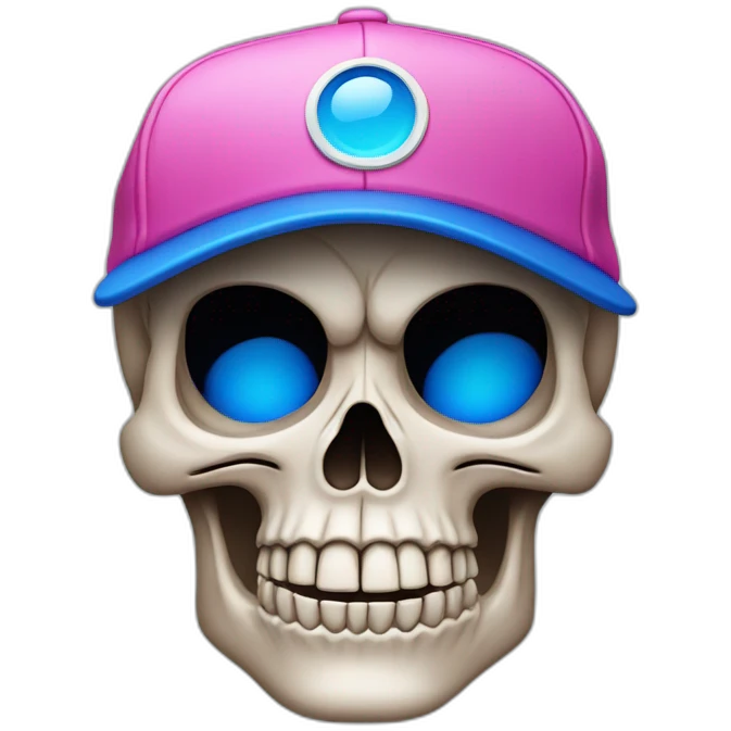 a skull looking off centre by 45 degrees. Wearing a pink baseball cap with a blue “B” motif emoji