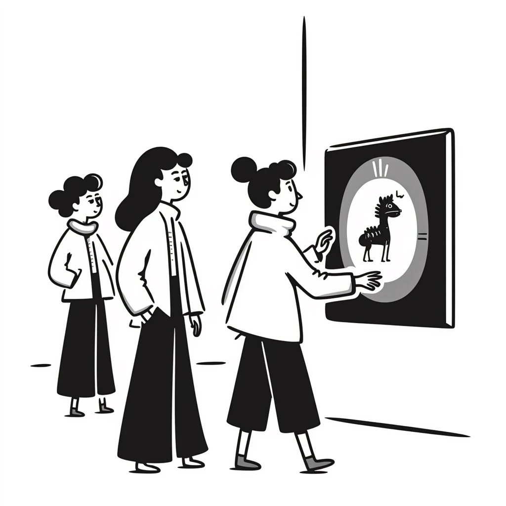 group of people standing looking at an art exhibit emoji