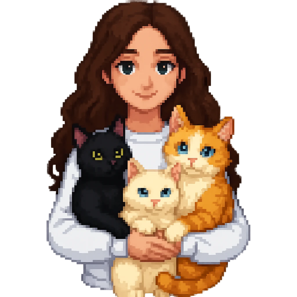 Change the girl's hair color to brown and have her hug three cats, each a different color, in the style of pixel art. Remove the background. emoji