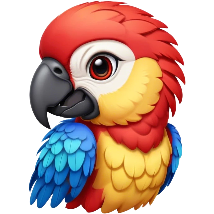 Cinematic Realistic Cute Macaw Portrait Emoji, Head tilted playfully and inquisitively, featuring a compact, lively build with intricately detailed, vivid scarlet and blue feathers and a charming, expressive face with round, sparkling eyes full of tropical wonder, rendered with realistic texture and vibrant natural hues, high shine, affectionate and spirited, styled with a touch of whimsical rainforest charm, soft glowing outline, capturing the essence of a mischievous yet lovable macaw that seems poised to flutter playfully into your arms! emoji