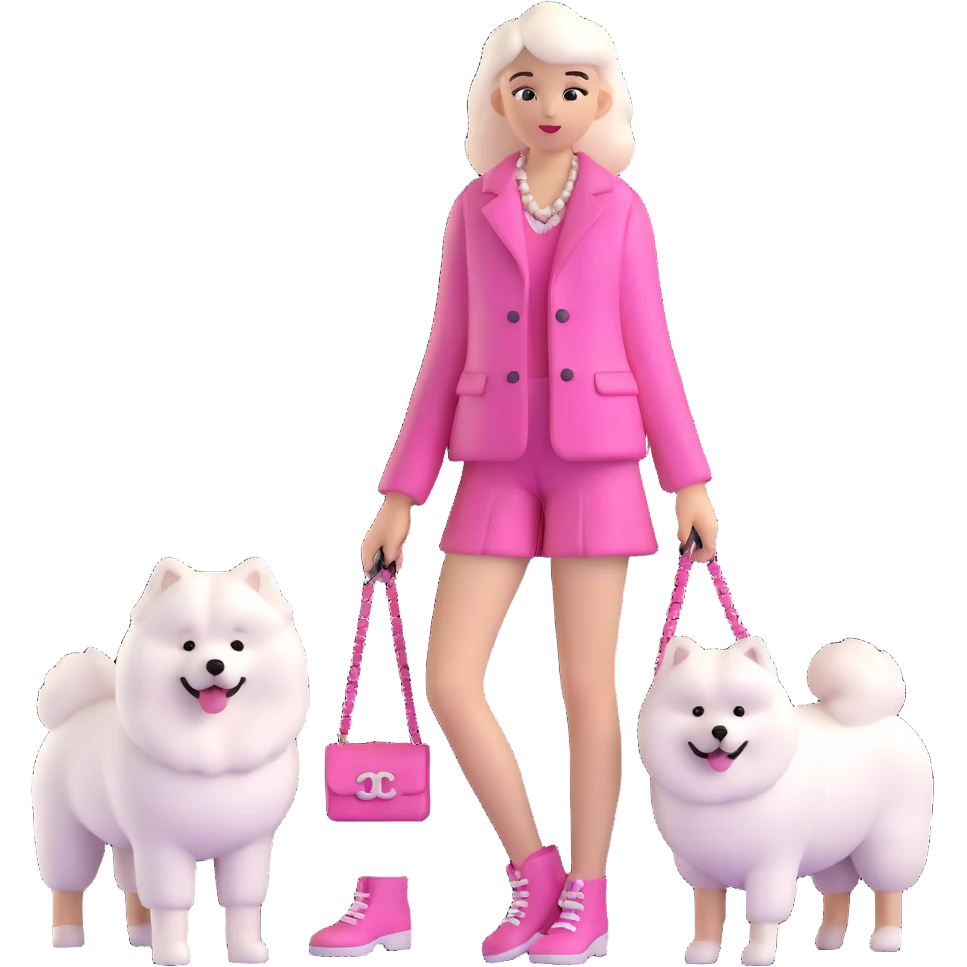 girl in pink Chanel-style outfit with white Samoyed dog emoji