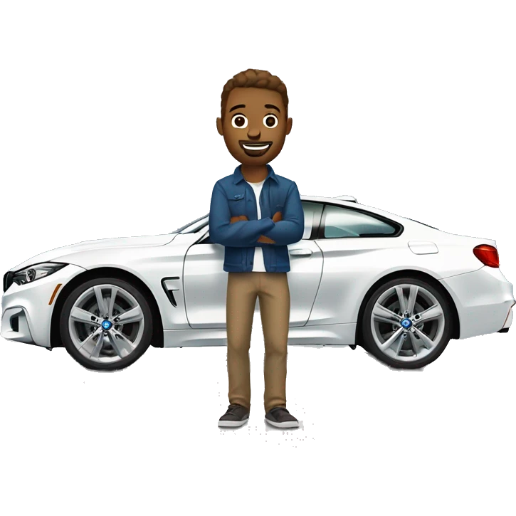 One white man with brown hair standing near blue bmw 4 series emoji