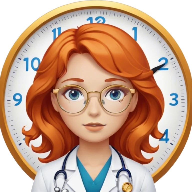 Girl doctor wavy orange red hair blue eyes in gold glasses , a clock nearby emoji
