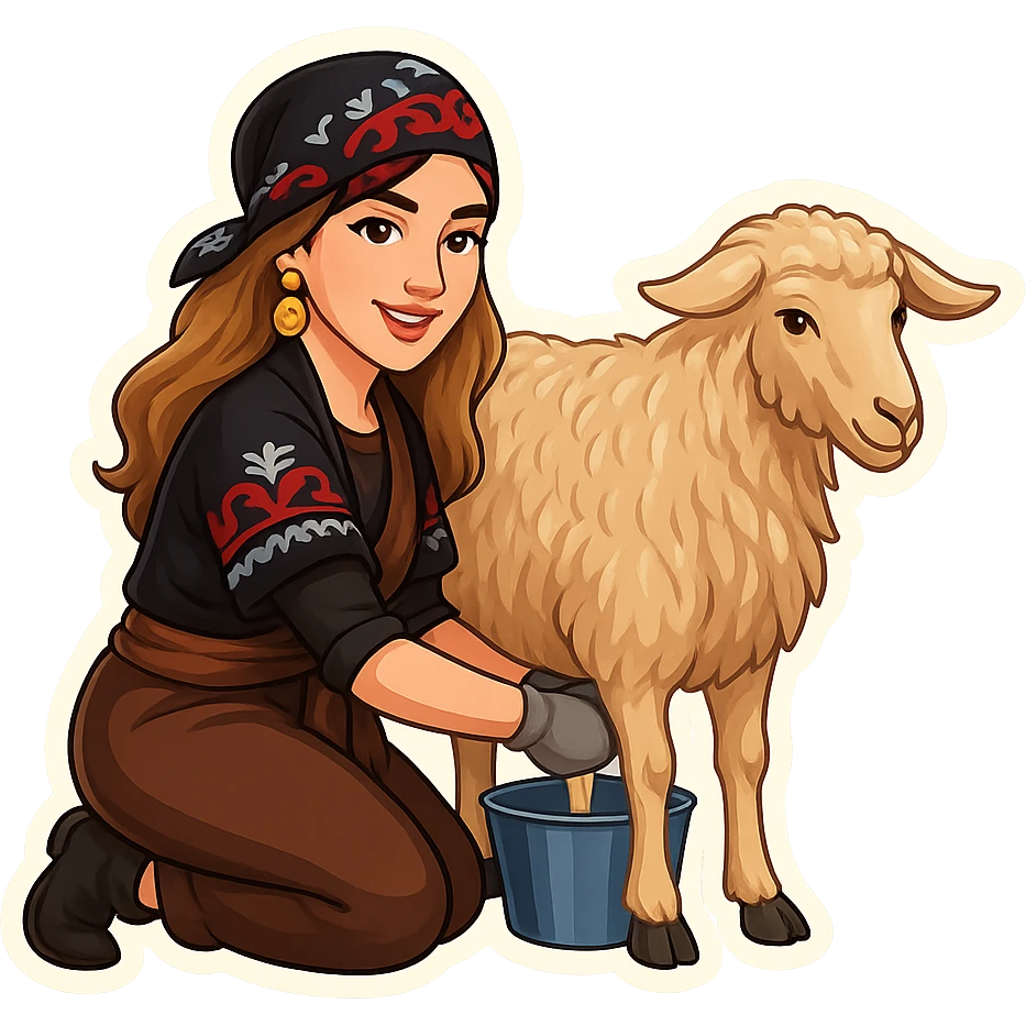 Kurdish cartoon sticker of the same woman in the new Kurdish dress milking a standing goat. The woman's hands are on the udder, and the bucket is clearly placed between the two back legs behind the goat in the correct position. Realistic and clear cartoon style, no text, transparent background. emoji