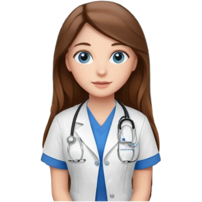 inside a classroom at university that says nursing school on the board with a pretty female nursing student with long brown hair, blue eyes emoji