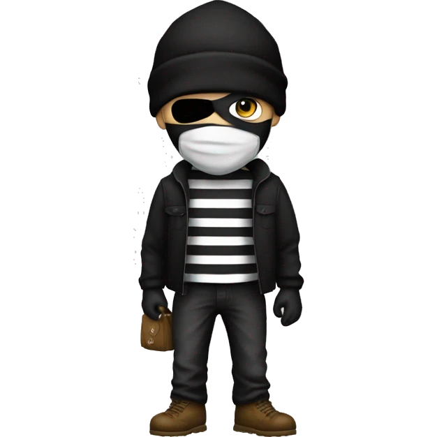 Robber, black and white striped shirt, black mask, moneybag, black beanie emoji
