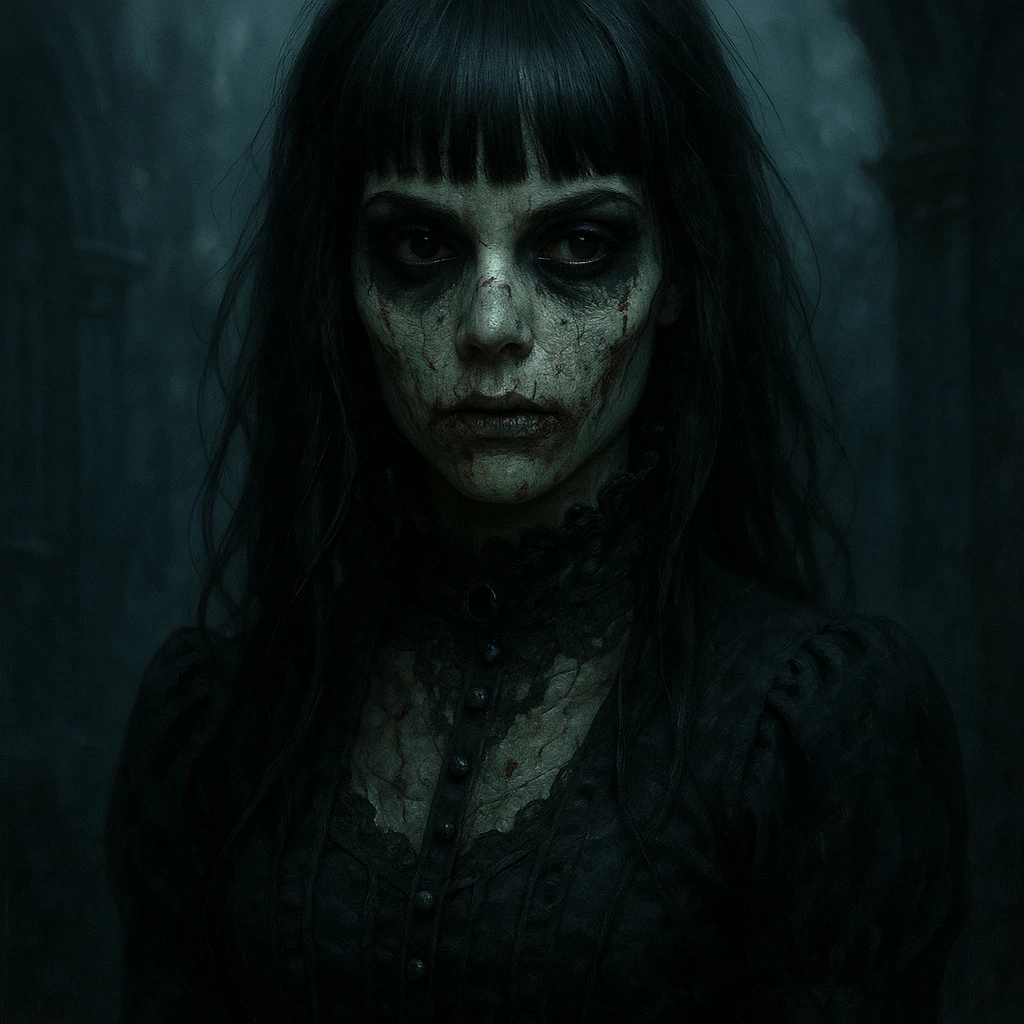 garota zumbi com franja, estilo gótico, maquiagem escura, aparência misteriosa emoji