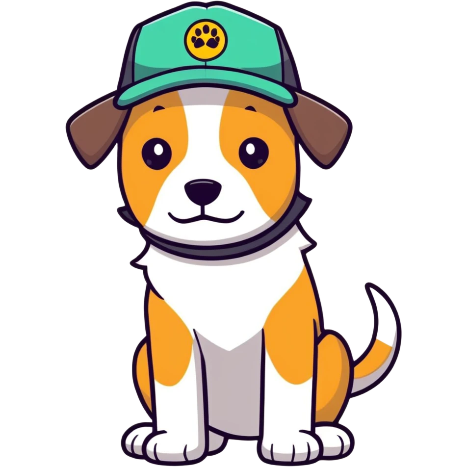 My dog Frankie wearing a trucker hat with  triangle fit clinic logo emoji
