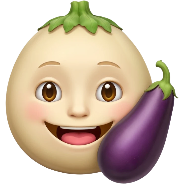 An ashamed, smiling round face emoji with a huge eggplant in mouth. emoji