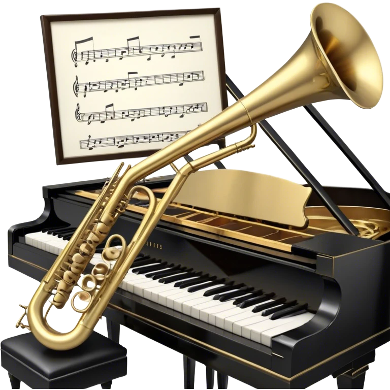 Create an elegant and nostalgic emoji representing a jazz setting with a grand piano (jazz piano), a Selmer Model 19 trumpet with a balanced action, and a vintage microphone on a stand in the foreground. The design should feature the sleek black grand piano with visible keys and a shiny brass trumpet placed beside it. The microphone should have an old-school, retro design with a chrome finish and a classic microphone stand. Add musical notes floating around the instruments to evoke the improvisational spirit of jazz. Use rich, dark colors like black, gold, brass, and silver to reflect the vintage and sophisticated atmosphere of a jazz performance. The background should be transparent. emoji