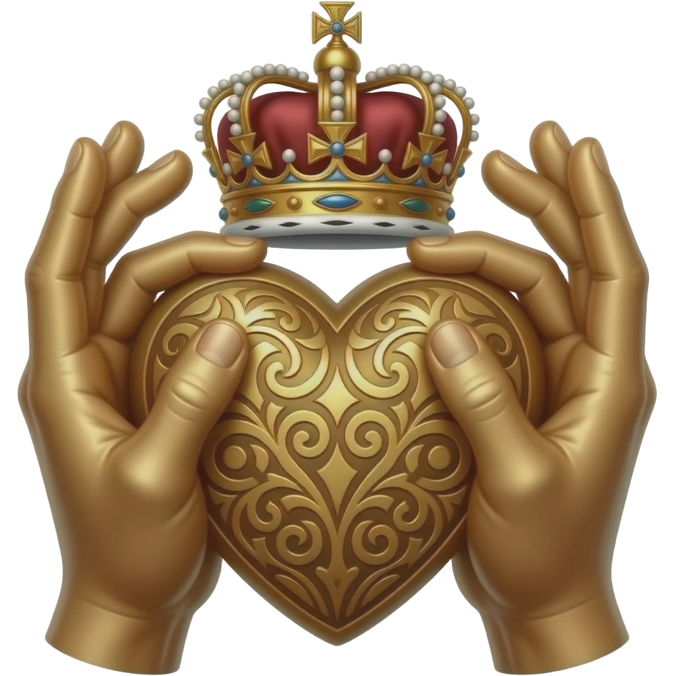 two bronze palms facing downwards, fingertips holding a bronze heart richly ornamented with arabesques and a richly decorated royal crown, dramatic lighting - backlight emoji