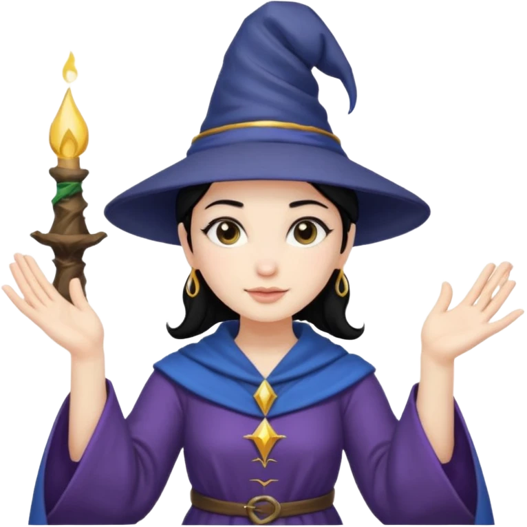 female wizard with black hair in a low bun under a wizards hat with both hands palm up emoji