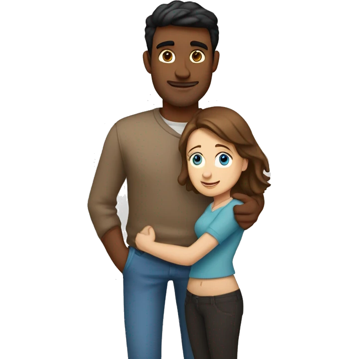Couple embracing with arms around each other; white woman with blue eyes and brown hair, Indian man with black hair  emoji