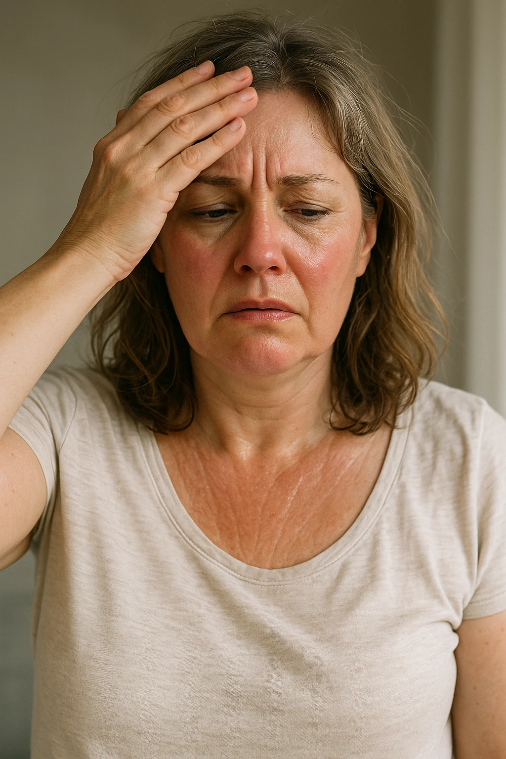 Donna in menopausa con sintomi evidenti. immagini specifiche, senza testo. immagini realistiche 4k emoji