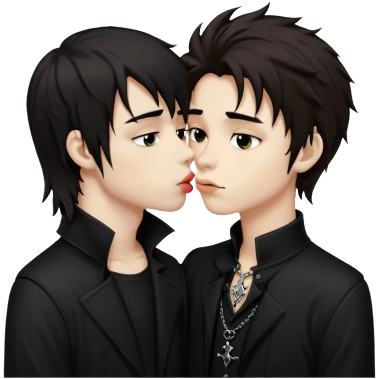 Goth Boys, one goth boy pale with shaggy brown hair the other a goth boy tan with long black hair, kissing emoji