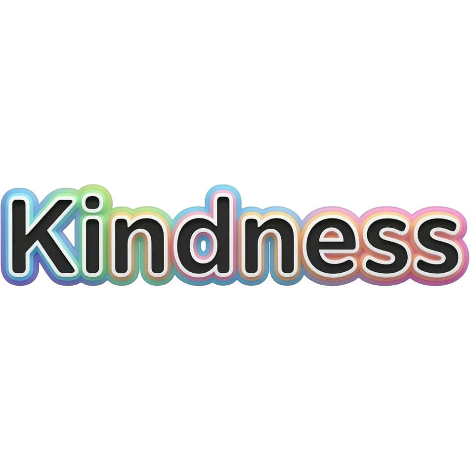 Word "Kindness" in small size black color 3D style typography lettering, with each neon pastel color as a layered effect outlined around each letter, isolated, 3d rendering, no emoji icons no emoji faces and must have no human figures emoji
