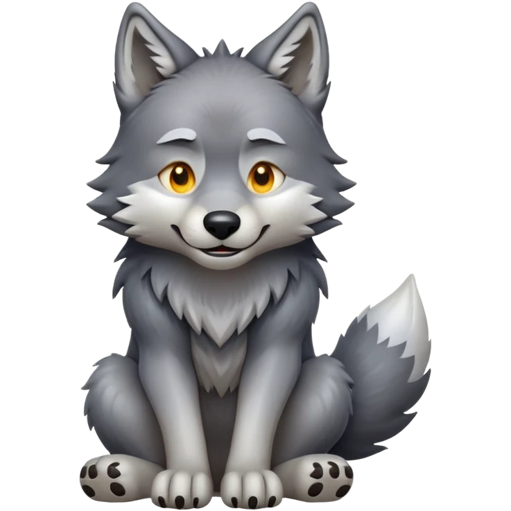 cinematic-[wolf]-realistic-full-body-sitting-emoji,-tail-resting-loosely-beside-its-paws,-head-tilted-dramatically, -scruffy-[grey]-fur,-simplified-yet-realistic-focused-features,-highly-detailed,-glowing-with-an-almost-sarcastic-glow emoji