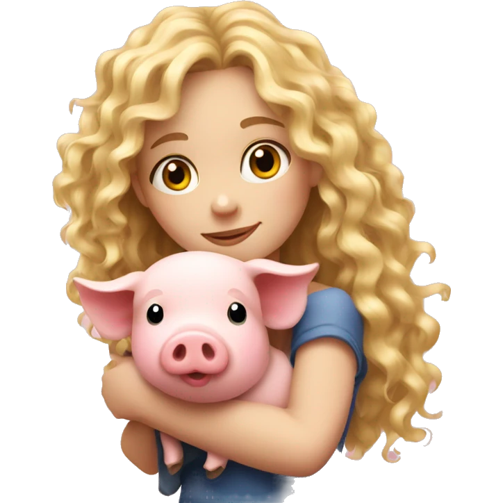 pretty curly long blonde girl hugging a pig emoji