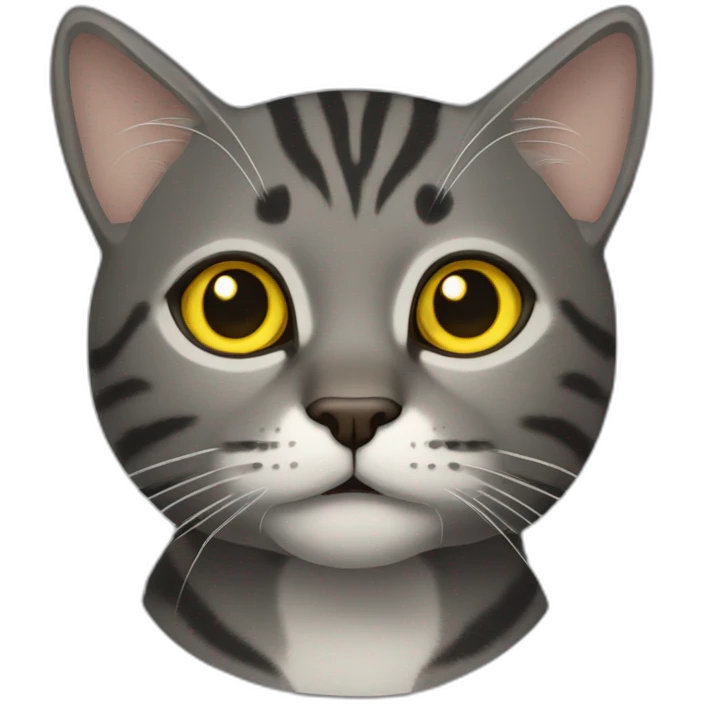 dark gray tabby cat with yellow eyes, black nose, some brown around mouth, tip of left ear missing, brown around mouth emoji
