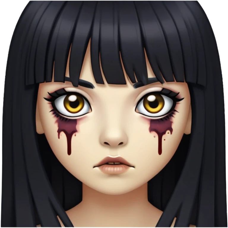 zumbi do iphone com cabelo lomgo preto e franjinha. delineado e olhos pretos grandes emoji