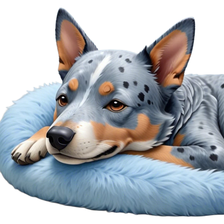 Meme-Worthy Cute Sleeping Blue Speckle Australian Cattle Dog Portrait Emoji, Head resting peacefully with a contented smile, showcasing a robust build and a luxuriously soft blue speckle Fur, eyes shut in a serene nap, Simplified yet hilariously adorable features, highly detailed, glowing with a soft, drowsy light, high shine, relaxed and utterly lovable, stylized with an air of playful laziness, bright and heartwarming, soft glowing outline, capturing the essence of a comically sleepy herder, so meme-worthy it feels like it could instantly become the next viral sensation of adorable slumber! emoji