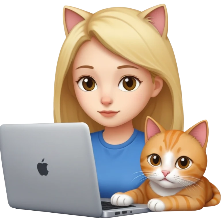 A girl is working on a laptop with a cat lying next to it emoji