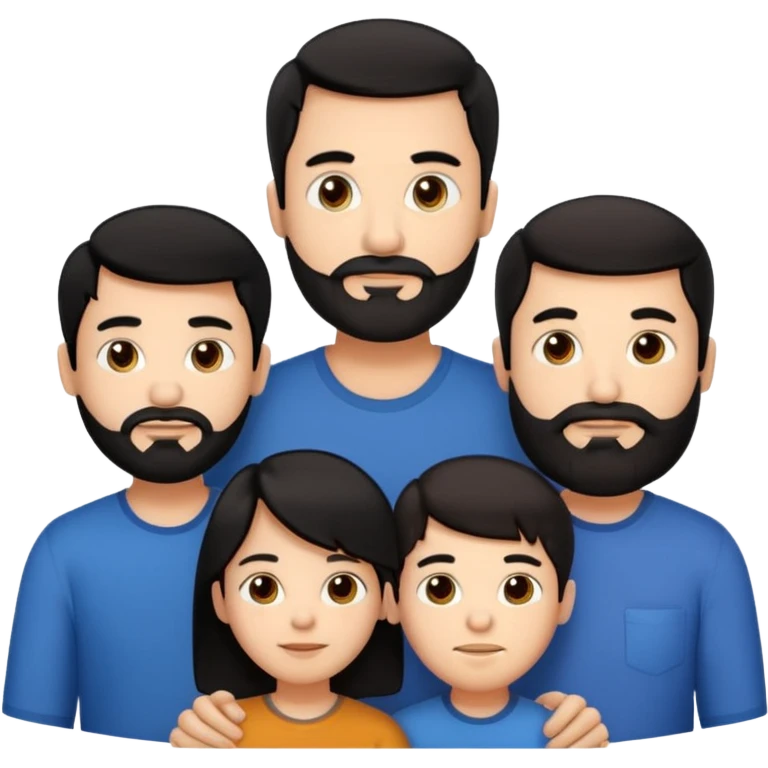 Make a family of four 2 boys one boy 12 with black hair and the other boy age 13 with black hair make the dad 44 with a beard  and brown hair and make the mom 45 with brown hair  emoji