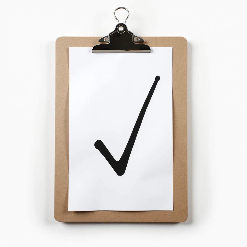 a realistic clipboard with a single checkmark, photorealistic style emoji