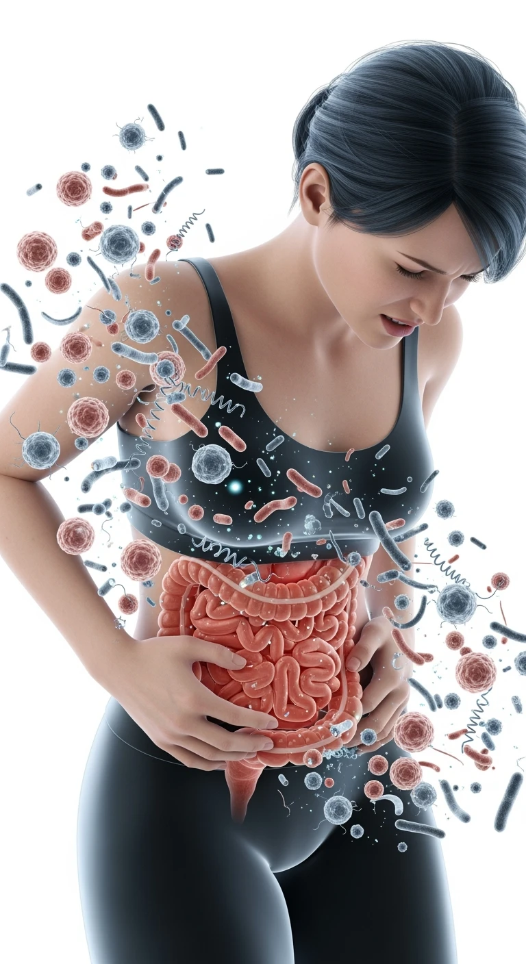 DONNA CON MAL DI PANCIA E INTESTINO UMANO ANATOMICO VISIBILE, BATTERI INTESTINALI FLUTTUANO INTORNO, IPERREALISTICO 4K, SFONDO BIANCO emoji
