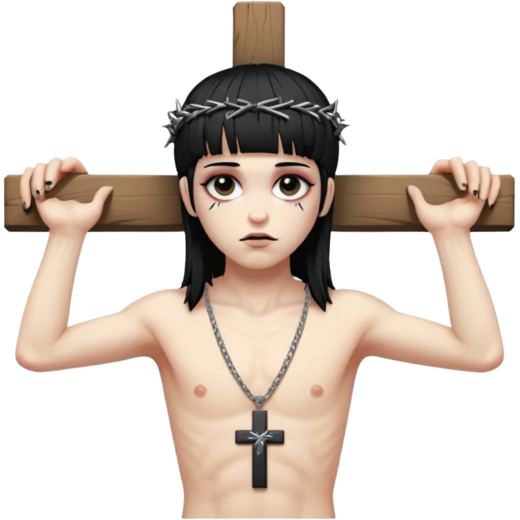 jesus-body-on-the-cross, crucifix, black hair, punk hair, punk bangs emoji