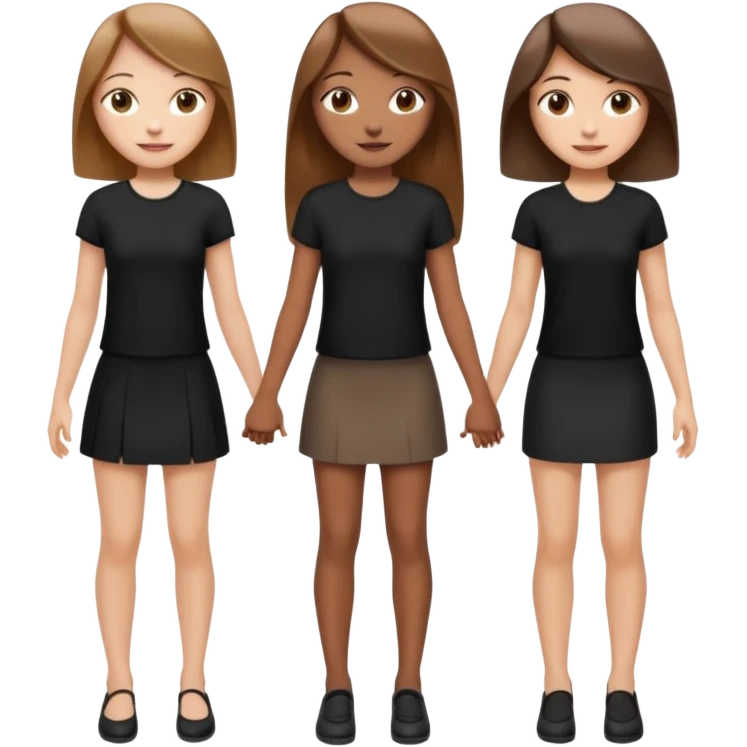 emoji of a girl with long, straight light brown hair, fair skin, soft brown eyes. Wearing a stylish black top and mini skirt. Full-height, standing confidently with shoulders back, head up, smiling proudly. Surrounded by 3 women next to her, holding hands. women are of diferent race emoji