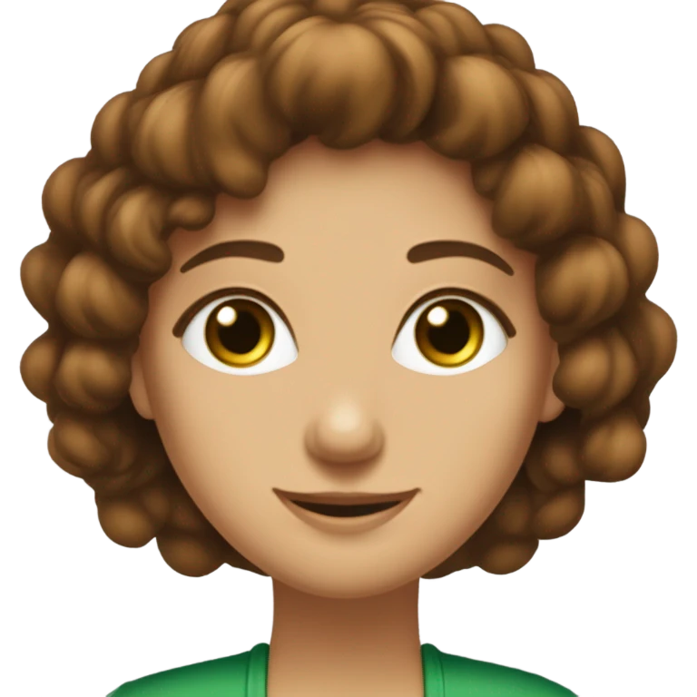 Donna con taglio di capelli medio marrone scuro, occhi verde marroni, sorridente, belle ciglia e grandi occhi, amante della magia e arcobaleni  emoji