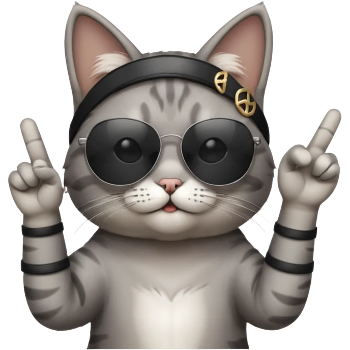 a cat wearing sunglasses a saying peace out on his head there would be written peace out and he will do the pose for peace out emoji