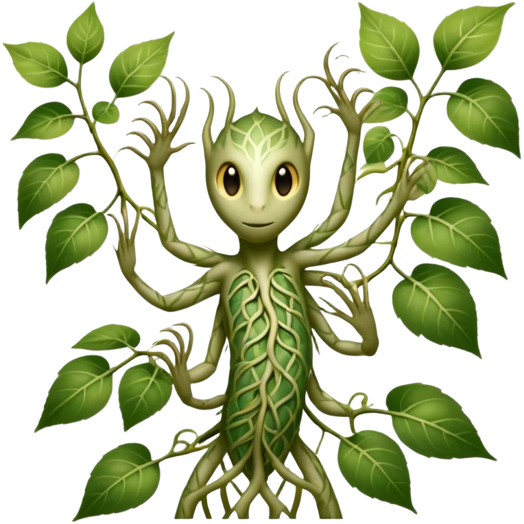 A slender creature with skin patterned like dappled sunlight through leaves, eyes, claws, possessing elongated arms that split into multiple vine-like appendages capable of rapid growth and contraction.

 emoji