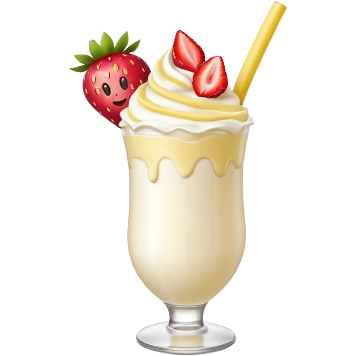 Milkshake vanilla with a banana sticking out of the milk shake it and two strawberries on both sides of the banana at the very tip of the banana, whipped cream and a smiley face emoji
