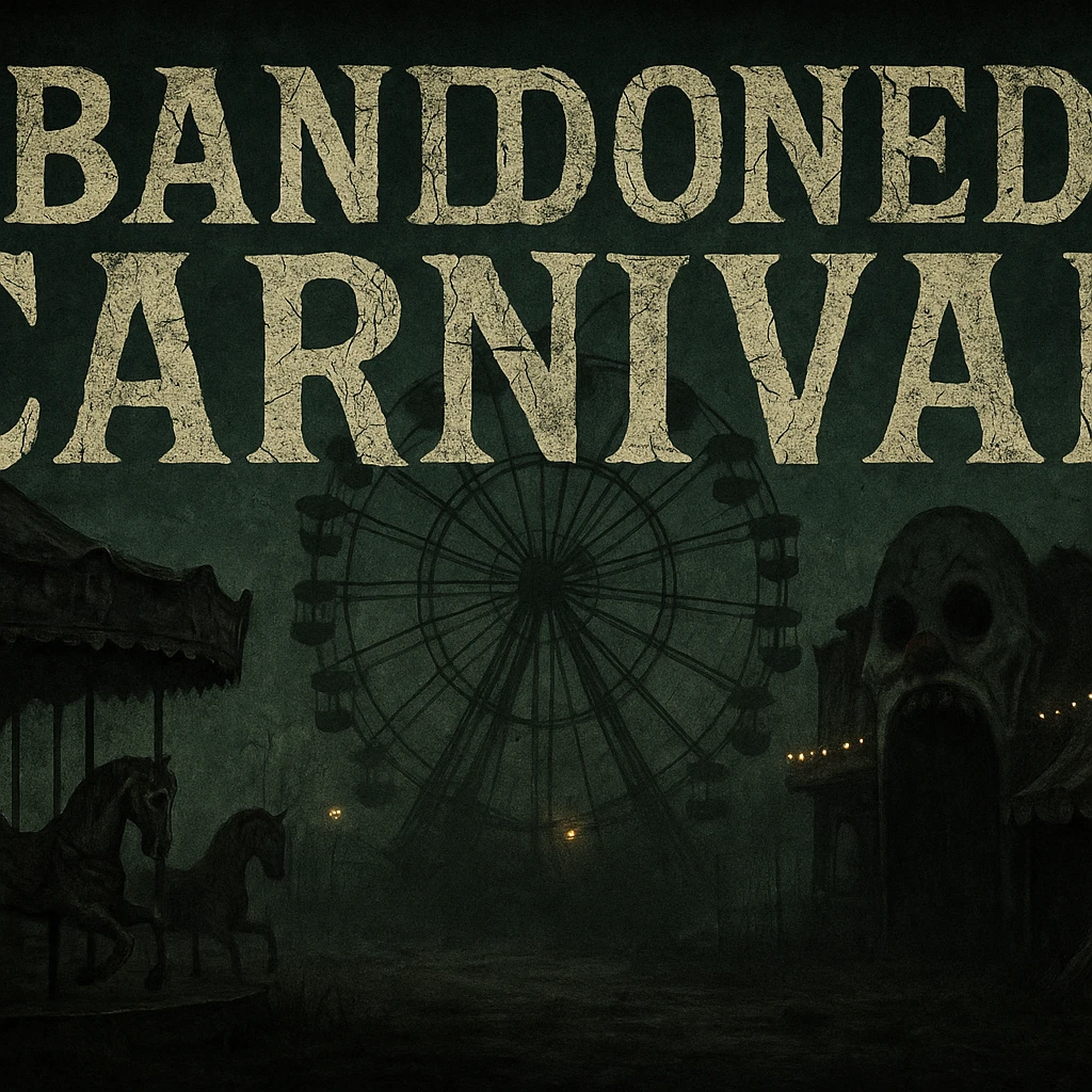 creepy banner, abandoned carnival, broken rides, eerie lights, unsettling atmosphere, vintage horror style emoji