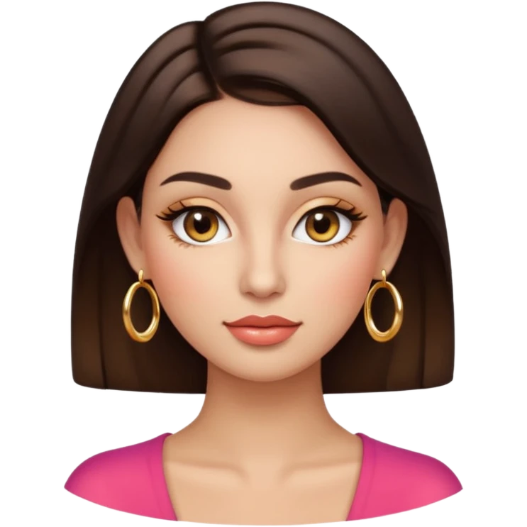Front-facing woman emoji, light warm peach skin, medium-dark brunette hair, gold hoop earrings, glossed lips, false upper eyelashes, rounded glossy emoji style (inspired by Apple) with soft gradient shading and specular highlights. emoji