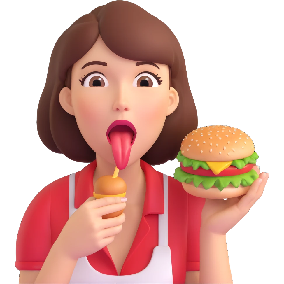 woman with tongue out, drooling, reaching for a burger, strong hunger emoji