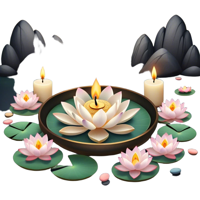 A photorealistic icon featuring lotus flowers, burning candles, incense sticks, smooth meditation stones, and a tranquil setting with soft, calming natural elements. Subtle, peaceful colors and detailed textures that evoke a sense of mindfulness and inner peace. Transparent background emoji