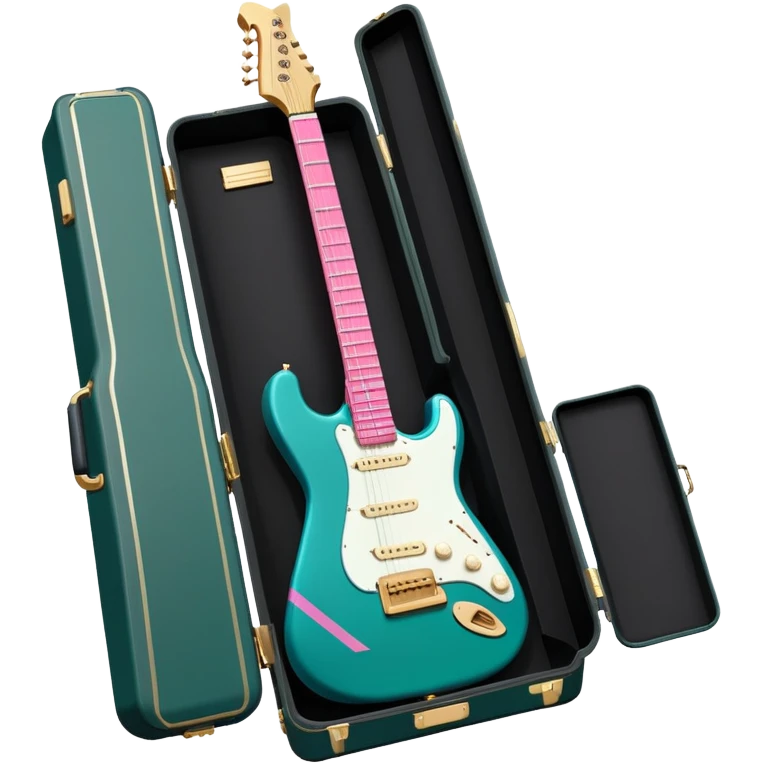 minimalist electric guitar in dark green with pink and blue stripe decal, closed inside a black rectangular hard case with gold latches, flat semi-3D style, soft matte textures, simplified details, stylized decal accent emoji