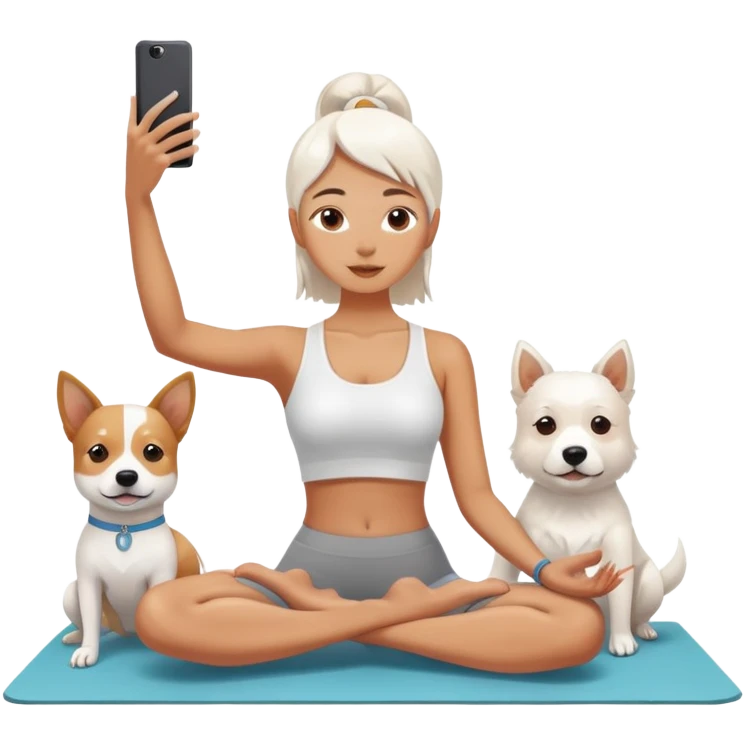 insta girlie doing yoga and white dog near her. she is taking selfie  emoji