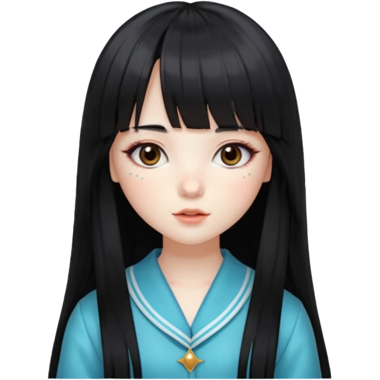 pale girl , who has silky straight extremely long black hair with bangs , chestnut monolid eyes , and doll like makeup , dressed like a kpop idol , has freckles emoji