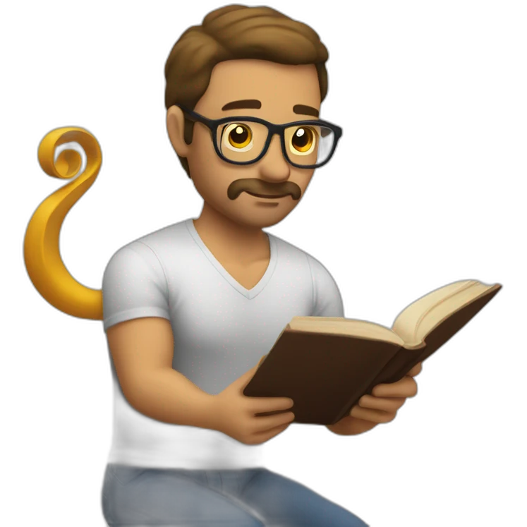 a man reading a book while doing a bicpe curl emoji