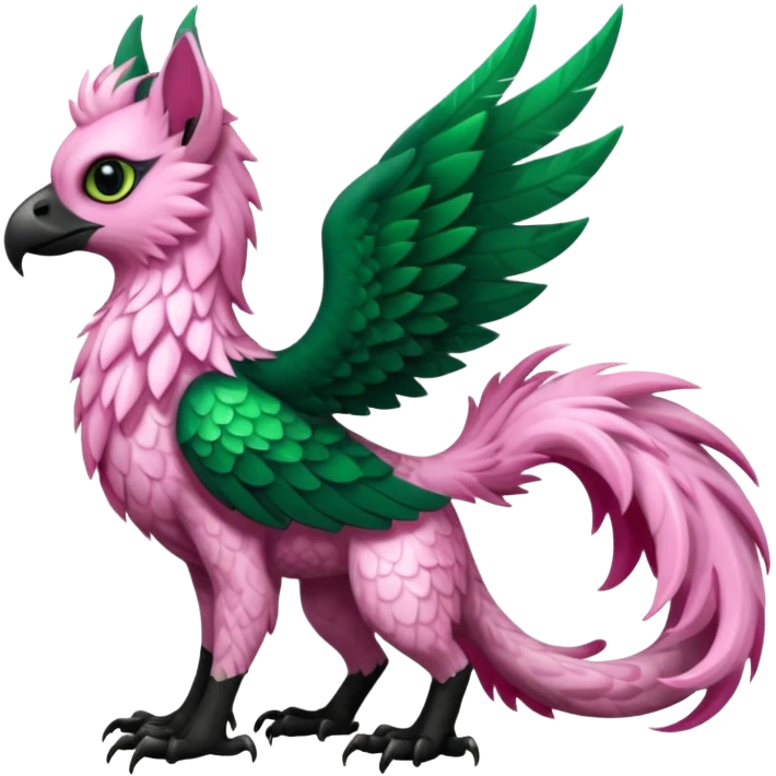 Emerald-green gryphon-Trico-fusion-hybrid with a long tufted tail, black beak, pink swirly pattern markings, black claws, black tail, majestic, realistic, furry (full body) emoji
