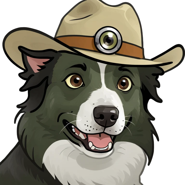 Border collie with crazy eyes wearing a cowboy hat emoji