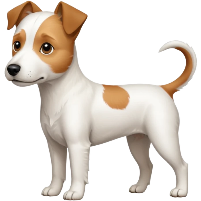 a full body white parson russell looking dog the size of a kelpie with light brown ears and a light brown patch on one eye and a large snout emoji
