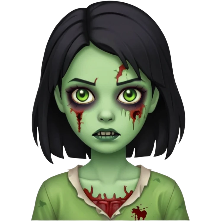 Menina zumbi com cabelo preto médio e verde e zumbi emoji