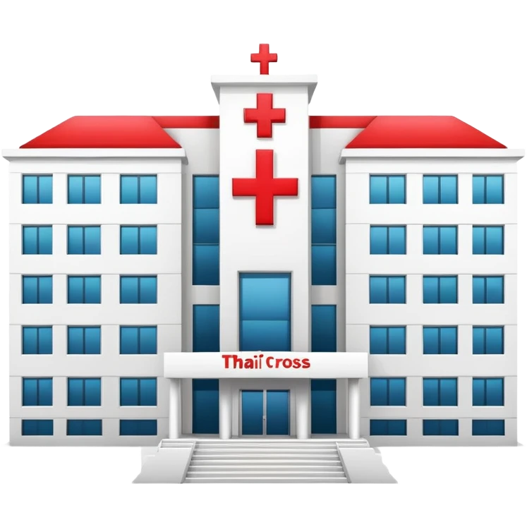 Modern Bangkok hospital building with Thai architectural elements, red cross symbol emoji