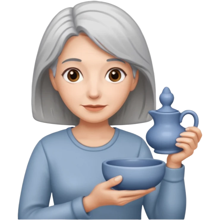 Woman with grey hair with ceramics emoji