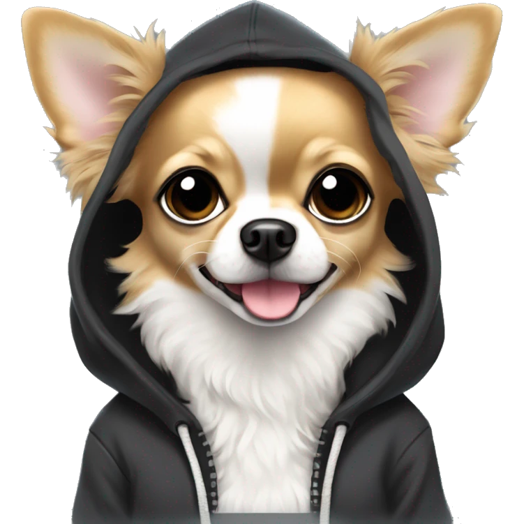 fluffy Chihuahua breed dog black with a white muzzle girl in a hoodie emoji